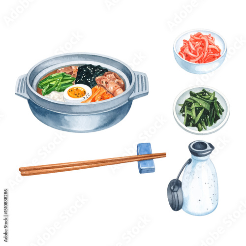 Watercolor illustration of a Korean meal, great for menus, food blogs, recipe cards, and culinary designs with an Asian twist.
