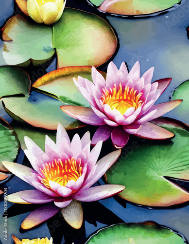 Water lilies or lotuses watercolor, Painting Art of flowers on water