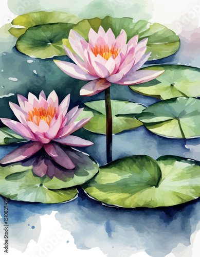 Water lilies or lotuses watercolor, Painting Art of flowers on water