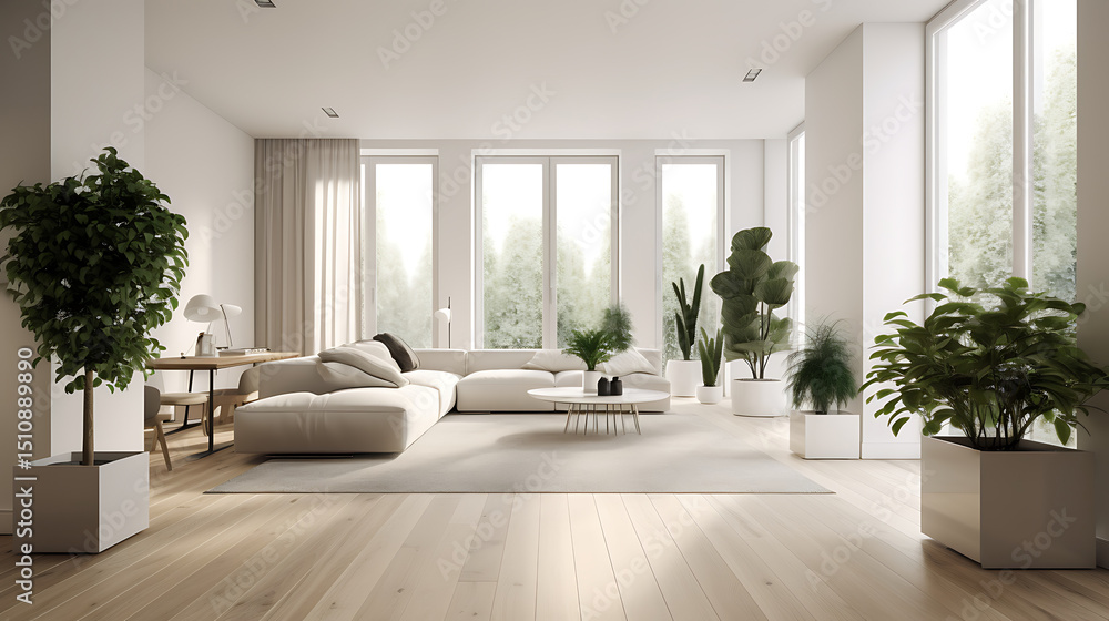 Fototapeta premium Bright Open Living Room with Neutral Palette and Greenery