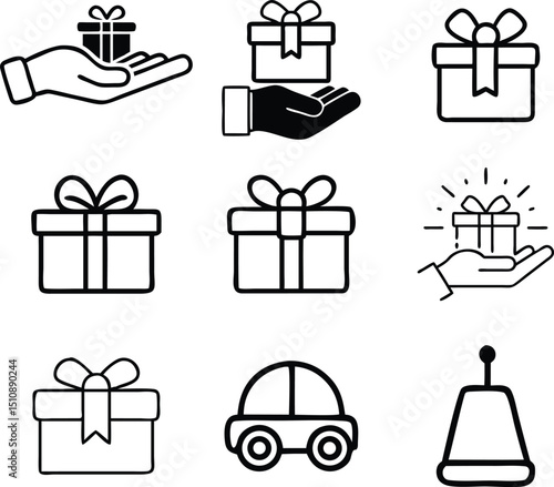 Gift Icons: A collection of vector gift box illustrations. Showing gift boxes, gift hand illustrations, car toy icon, bell icon in a modern, flat design style, ideal for web and print graphics. 