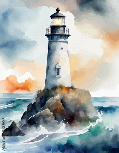 Watercolor lighthouse towers over sea, full moon, sunset sky. Coastal charm, nautical design, home decor and travel posters