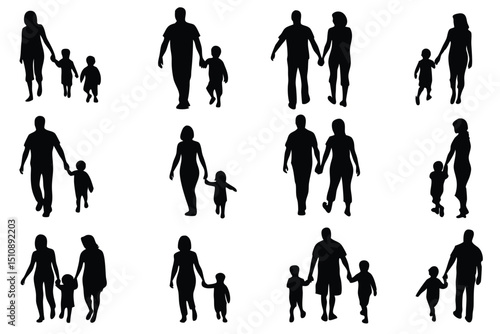 Silhouette Illustrations of Families Walking Together Holding Hands on White Background