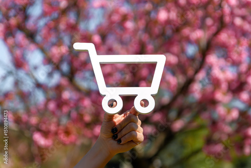 Hand holding a white shopping cart icon in front of blooming pink cherry blossoms on a bright spring day.