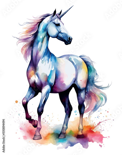 Unicorn head in wreath of flowers. Watercolor vector illustration