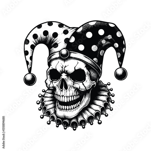 skull with jester hat, black and white vector sketch illustration