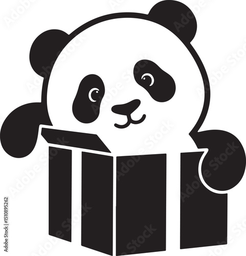 Panda opening gift box illustration, Cute panda curious expression cartoon