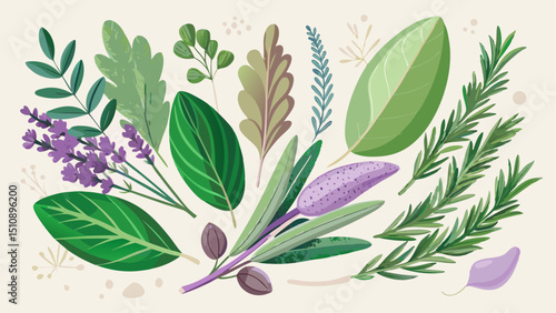 A flat lay composition features sage leaves, lavender sprigs, and rosemary branches delicately arranged on a light, neutral surface. The soft green hues of sage, the muted purple tones of lavender, an