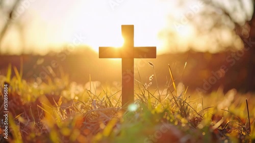 Wooden cross silhouette in tall grass field with setting sun creating golden light shining behind it, nature landscape