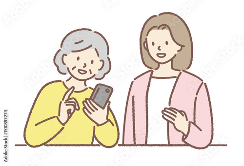 スマホ教室でスマホの操作を学ぶ女性シニア