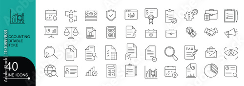 Comprehensive Line Style Web Icons Set for Accounting and Finance – Includes Tax Return, Invoice, Financial Report, Auditing, Budgeting, and Inspection Symbols for Mobile Apps and Websites"