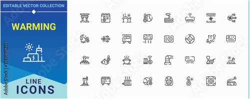 Warming modern icon set. Contains such symbols as equipment, heater, boiler, fire, heat and more. Heating linear icon collection. Modern vector UI icons. Pixel perfect. Editable vector.