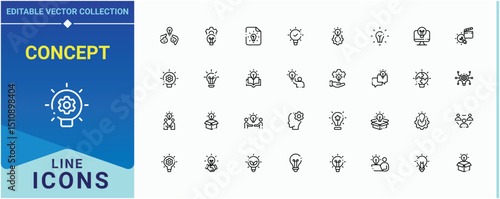 Concept icon set. Contains such icons as innovation, brain, bulb, brainstorm, invention, creativity, light. Idea vector line icon set. Line symbol and sign. Vector collections.