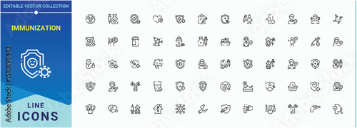 Immunization icon set. Contains related to defense, medical, medicine, health, vaccine, care, healthcare and more. Prevention icon. Line icons with editable stroke. Vector artwork and illustration.