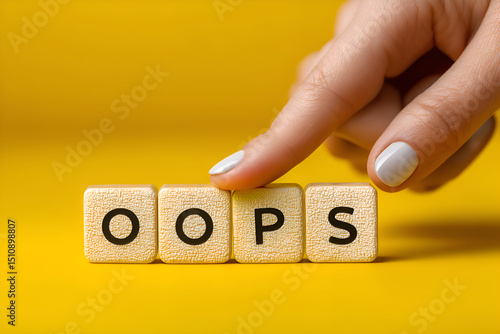 Woman touching oops wooden cubes on yellow background
