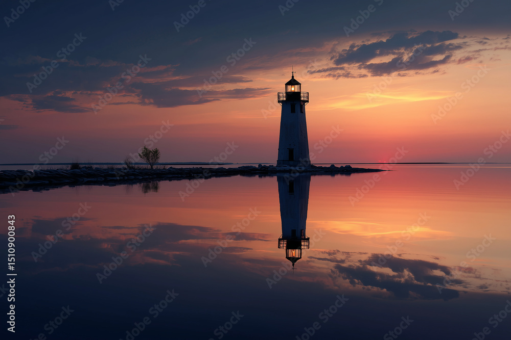 Fototapeta premium Lighthouse at Sunset Over Calm Lake