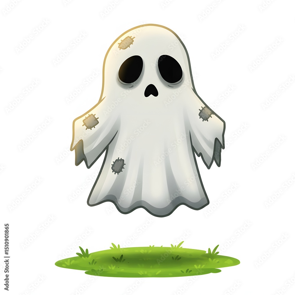 Cute Cartoon Ghost Floating Above Green Grass Halloween Illustration Cute Cartoon Ghost Floating Above Green Grass Halloween Illustration