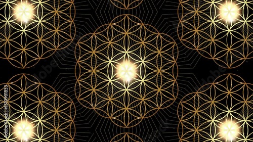 Video animation of Gold Flower of Life, fractal background, Sacred Geometry. Loop footage of Mystic Seed of Life mandalas, golden kaleidoscope style, crop circles, shiny effects on black  galaxy 