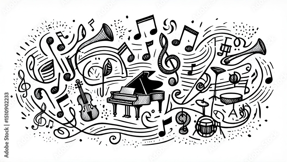 Obraz premium Abstract Artwork Featuring Overlapping Musical Notes and Instruments with Swirling Textures