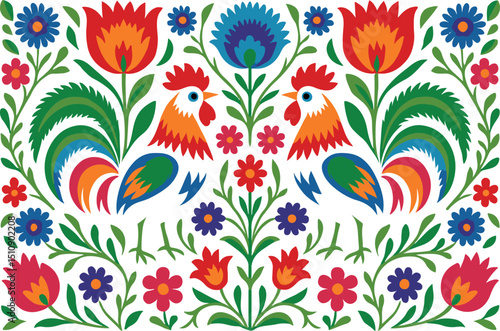 Colorful folk ornament in Łowicz style with roosters and flowers. Traditional Polish wycinanki paper cutout design, vector illustration for cards and textile decor