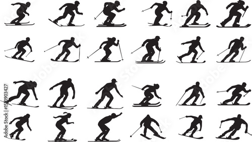 Skier silhouette icon set in vector design, depicting skiing poses for winter sports