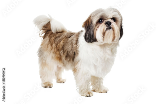 Adorable purebred Shih Tzu puppies and dogs isolated on a white background, perfect for showcasing this cute, small domestic pet