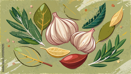 Arrangement of bay leaves garlic cloves and thyme sprigs on a textured surface