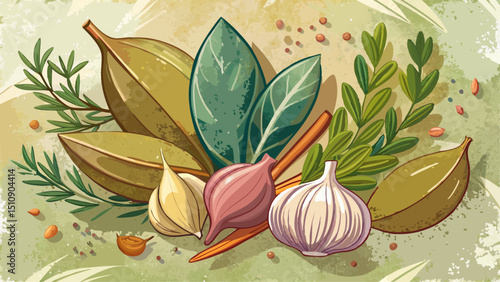 Arrangement of bay leaves garlic cloves and thyme sprigs on a textured surface