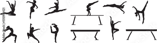 Gymnastic Silhouettes in Action on Balance Beam, Dynamic Moves and Flips for Athletes