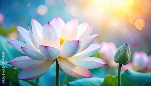 Vibrant lotus blossom in sunlit garden with dreamy bokeh background