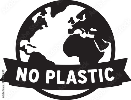 Silhouette of a globe with a "No Plastic" banner, symbolizing global anti-plastic movement, environmental protection, and eco awareness.