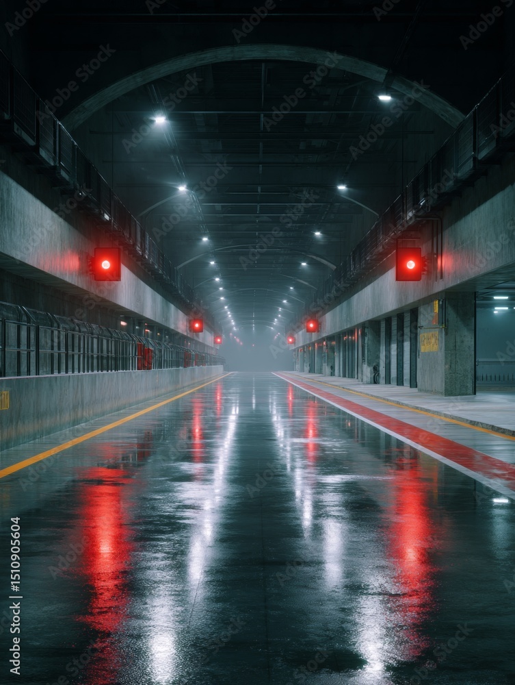 A wet underground train platform with red lights glowing. A wet underground train platform with red lights glowing.