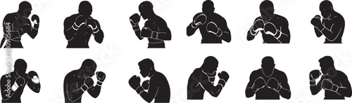 Various Boxer Silhouettes in Dynamic Poses, Representing Strength, Combat Sports, and Boxing Training