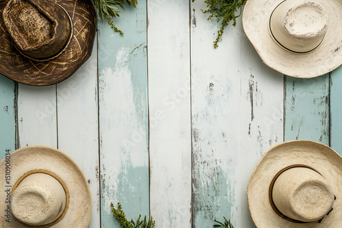 Stylish Hats on Rustic Wooden Background