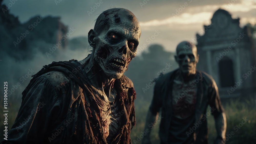 Scary Zombie creatures on mystical environmen background, cinematic view Scary Zombie creatures on mystical environmen background, cinematic view