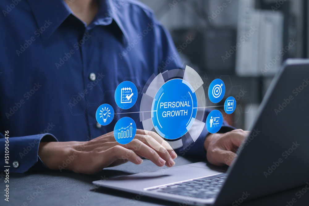 Fototapeta premium Personal growth concept. Creativity, vision, motivation, planning, develop, learning, training, and goals. Businessman using laptop with personal growth on virtual screen.