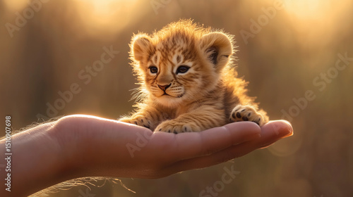 A tiny lion cub rests gently in a human hand, bathed in warm sunlight.
