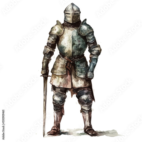 Knight In Armor, watercolor clipart vector, high quality, isolated on a white background.