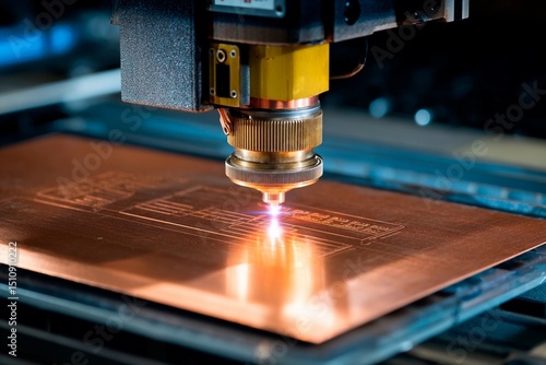 A laser engraving machine utilizes focused light to etch intricate designs onto a copper sheet in a well-lit workshop. Precision craftsmanship is evident as the laser cuts through the material