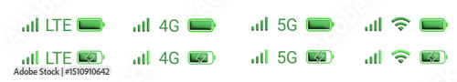 Mobile phone signal LTE, 4G, 5G, wi-fi, battery icon. 3d