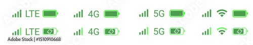  Mobile phone signal LTE, 4G, 5G, wi-fi, battery icon. 