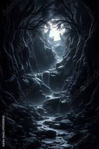 Stunningly Striking Imagery - Dark, Moody Canyon With Bare Trees, Waterfall, And Moonlit Stream, Evoking Mysterious, Eerie Fantasy Landscape.
