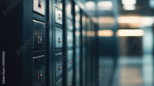 Fototapeta Naklejka Na Ścianę i Meble -  Image of bank safe deposit boxes in the hall, with focus on one box, close-up. The background is blurred, and there's space for text. Background blur effect. 