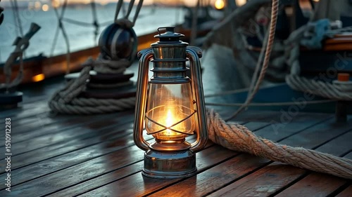 Nautical oil lamp on wooden deck