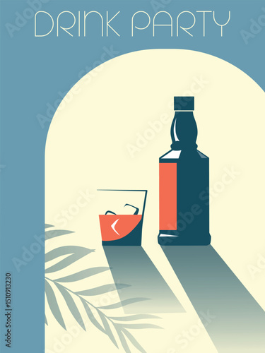 Drink party poster on the beach, vacation, tropics, beach bar, palm trees. Vector flat design, whiskey bottle, gin glass with ice, booze, rum, brandy