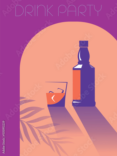 Poster for a bar, summer restaurant, beach drink party, menu. Flat design of a pub, strong alcohol, whiskey, rum, brandy, outline drawing of a bottle of alcohol, a glass of scotch with ice
