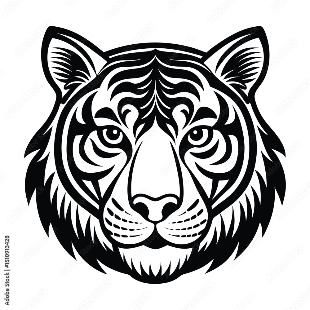 Fototapeta premium Striking Black and White Tiger Head Design with Intricate Tribal Pattern
