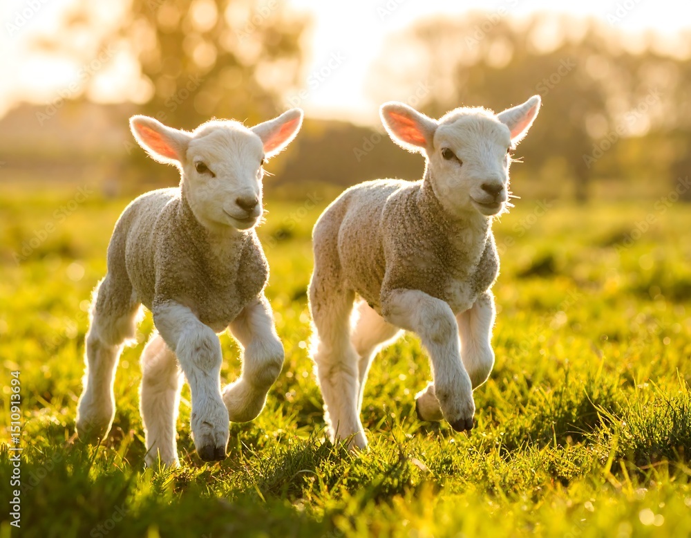 Fototapeta premium Two lambs running in a field at sunrise