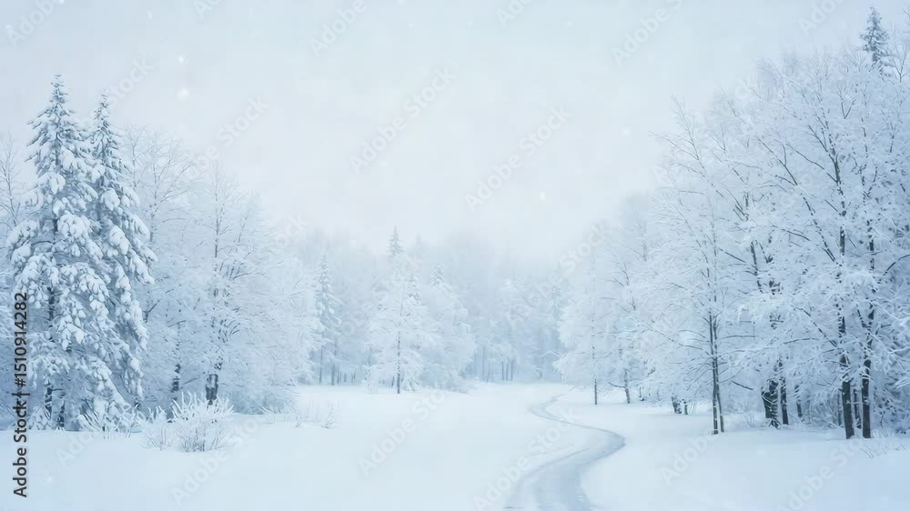 Snow-covered landscape with trees and winding path in winter Snow-covered landscape with trees and winding path in winter