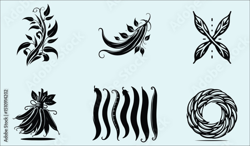 Black and White Bean Pods and Leaves Vector Illustration Set